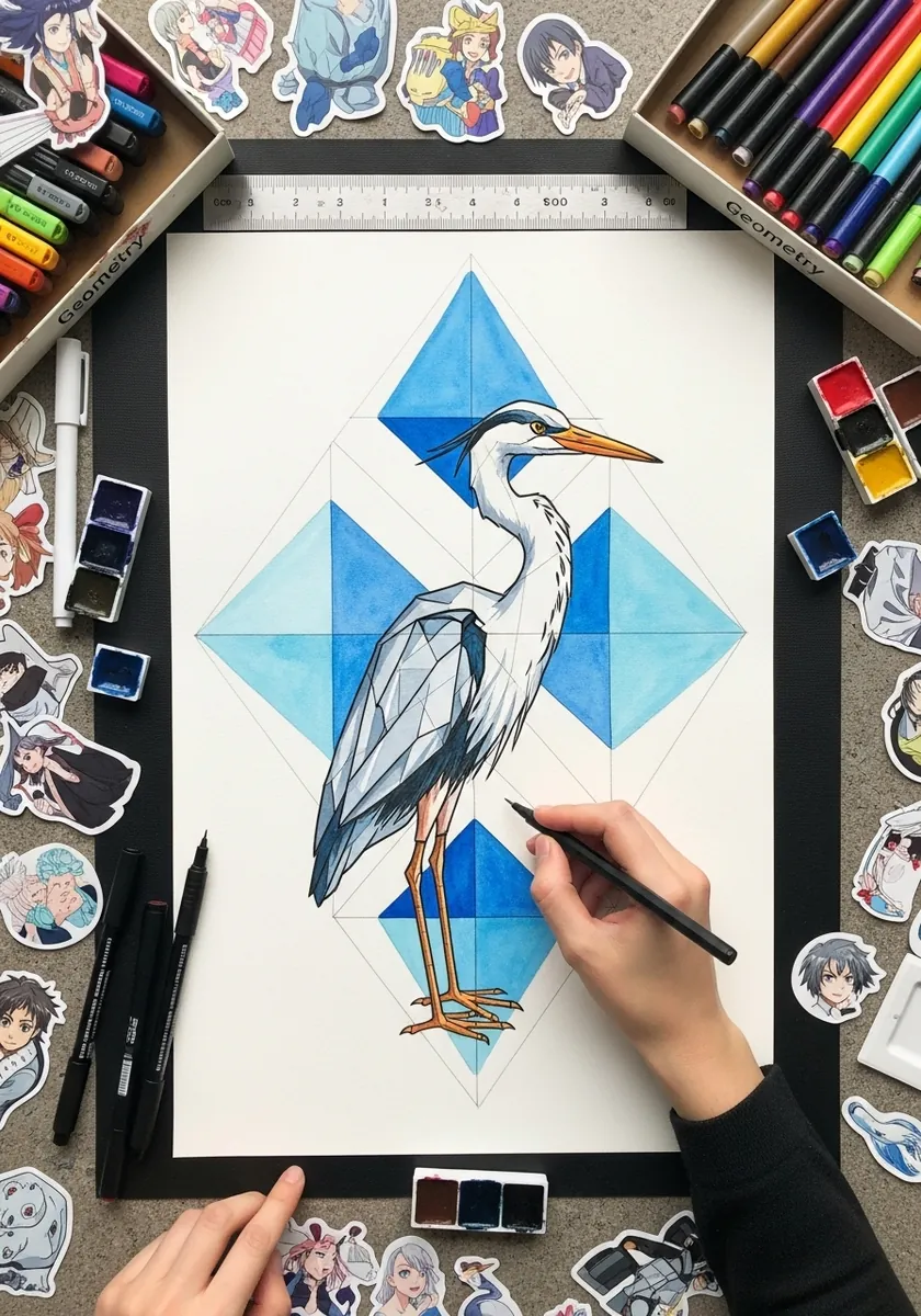 Gray heron standing in front of blue geometric diamond shapes