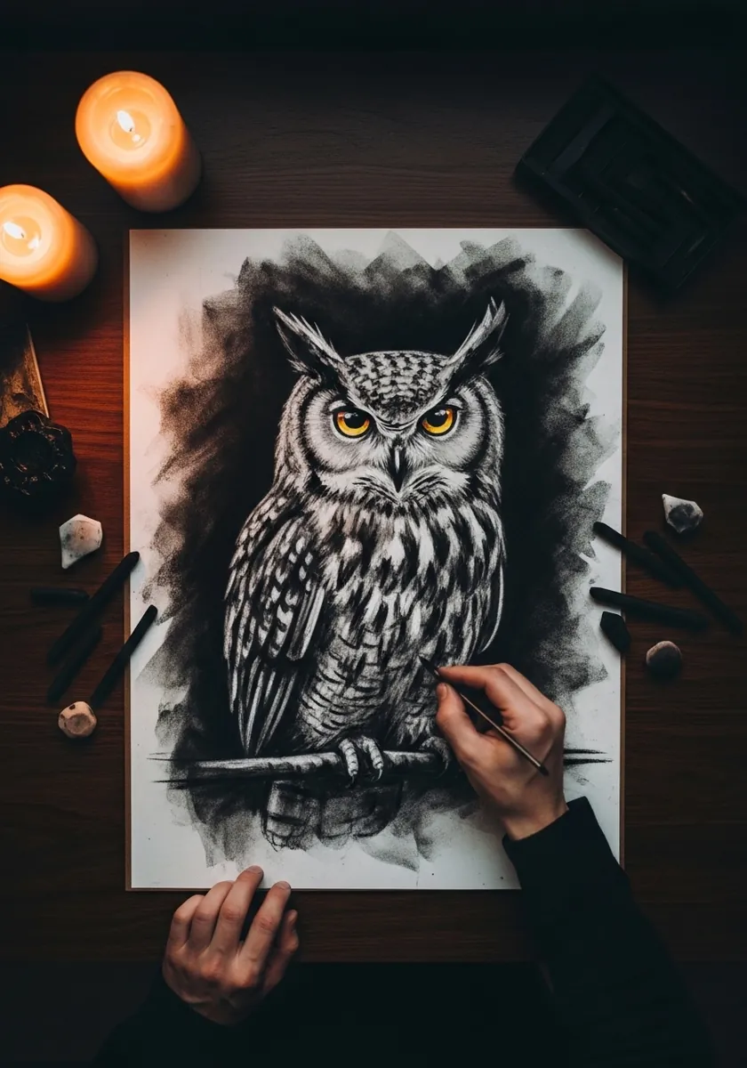 Dramatic charcoal drawing of an owl with glowing amber eyes on a branch