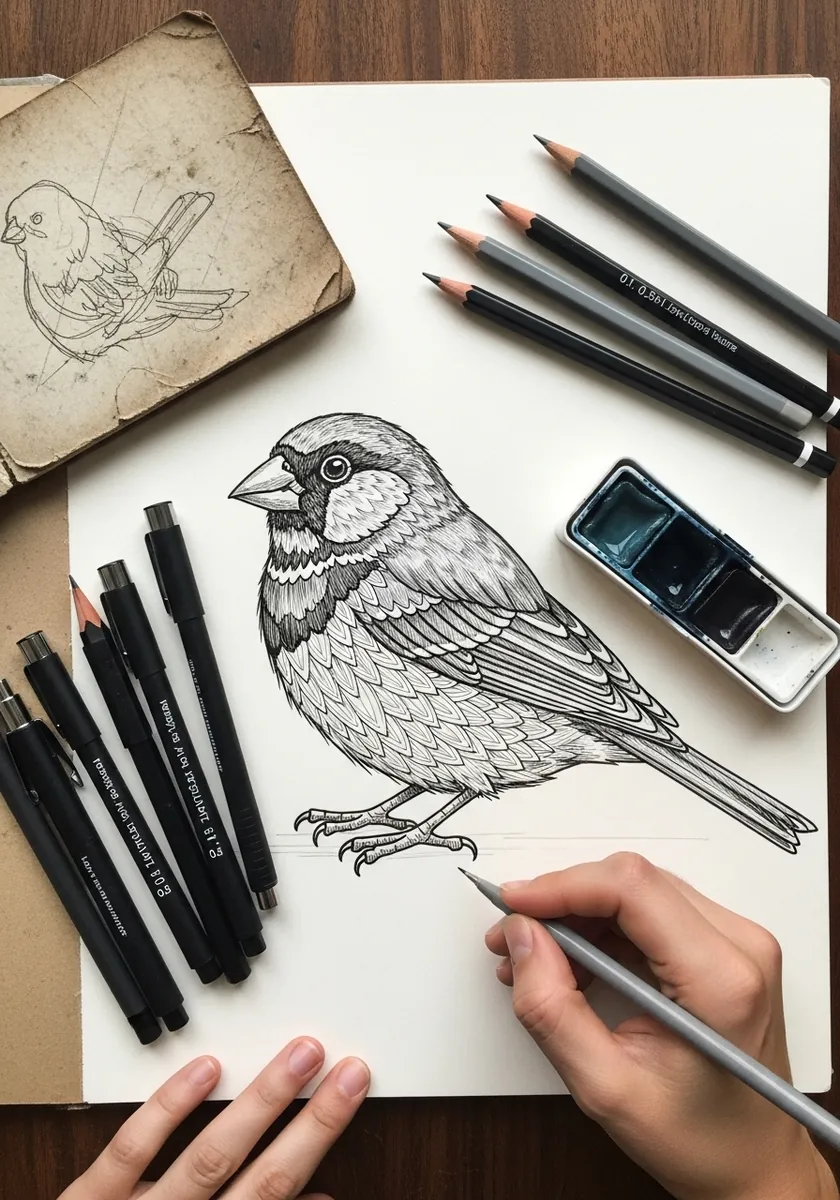 Detailed pencil sparrow with every feather drawn individually in fine line
