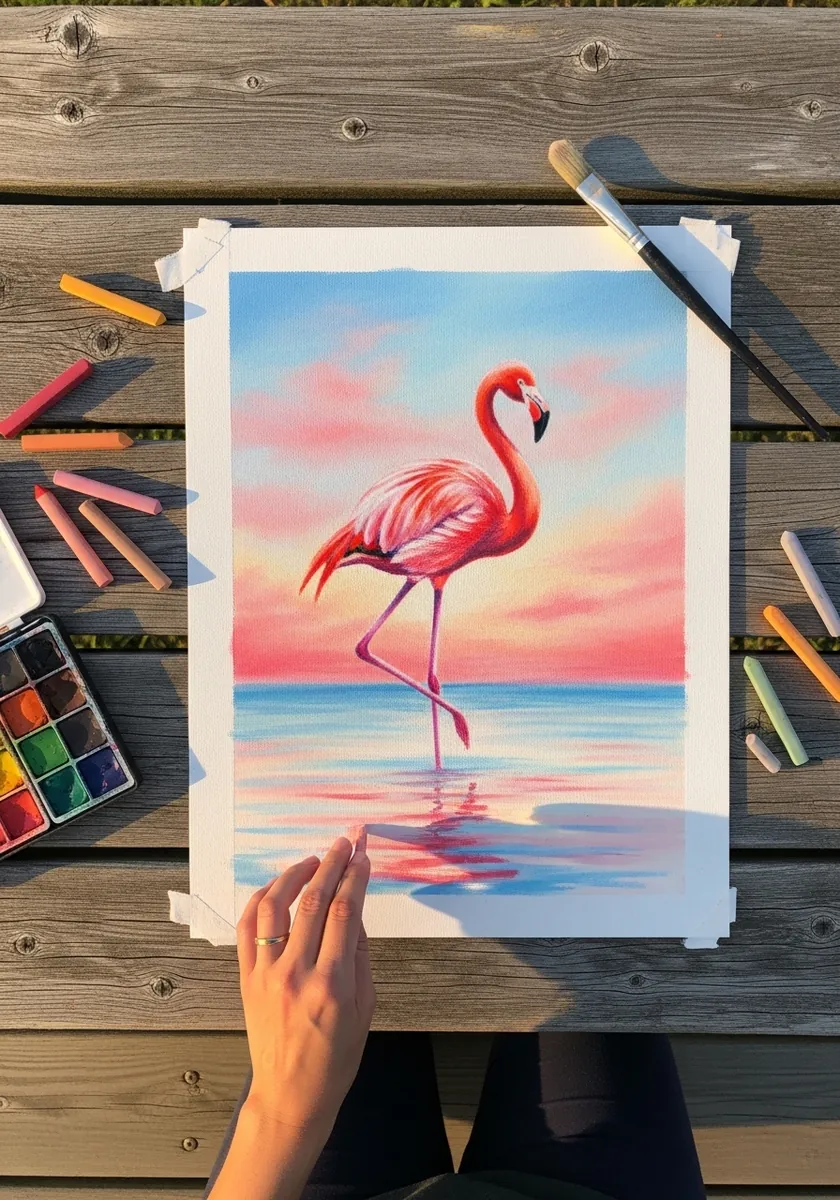 Soft pastel flamingo standing in shallow water at a pink and blue sunrise