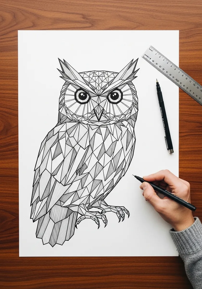 Geometric owl built from angular facets drawn in fine black line