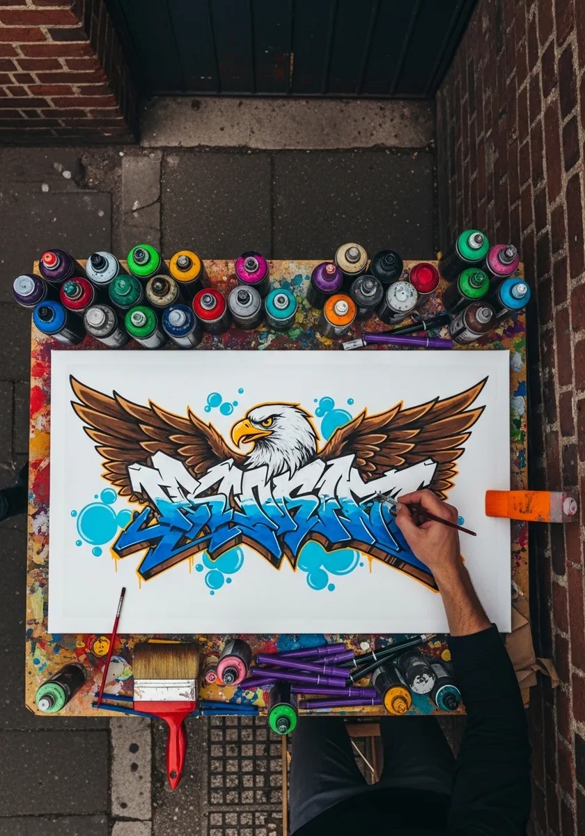 Graffiti eagle with spread wings above blue and white wildstyle lettering