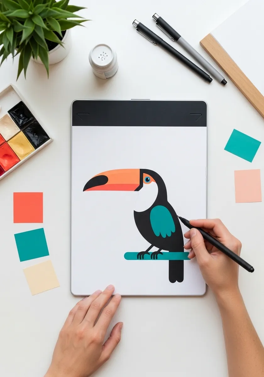 Flat vector toucan in black and teal with a bright orange beak