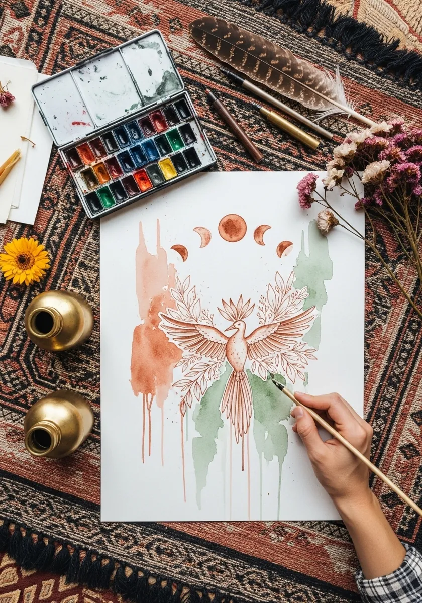 Boho line drawing of a phoenix with terracotta and sage washes and moon phases