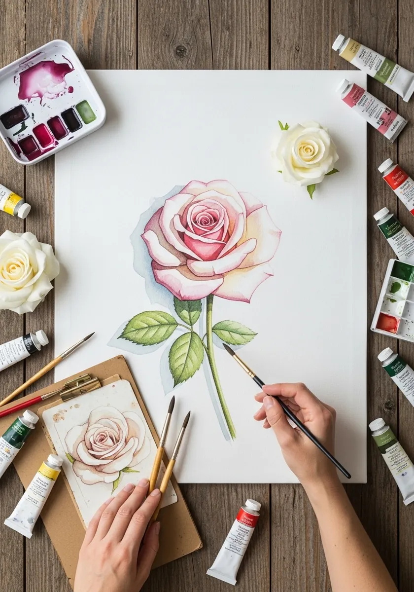 Blush and cream watercolor rose painted on white paper with paint tubes around it