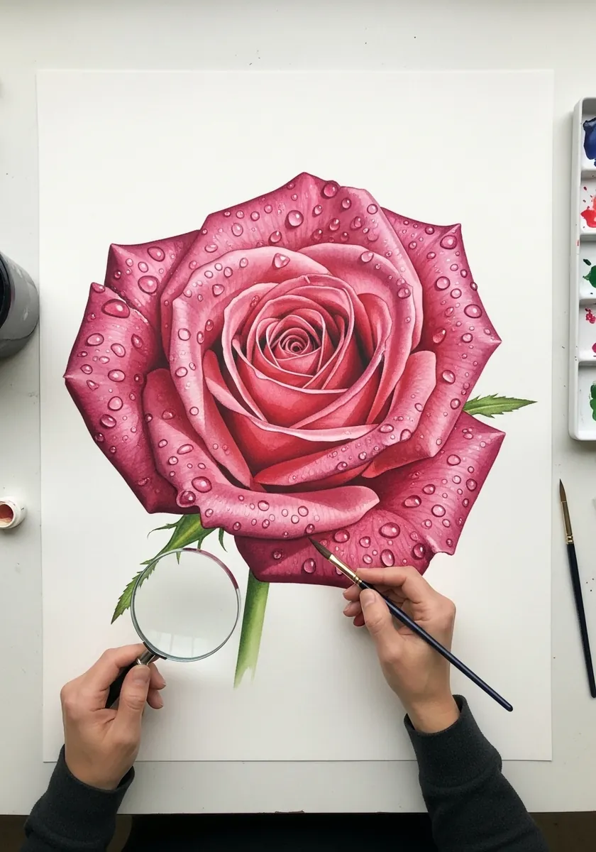 Realistic pink watercolor rose covered in water droplets with a magnifying glass nearby