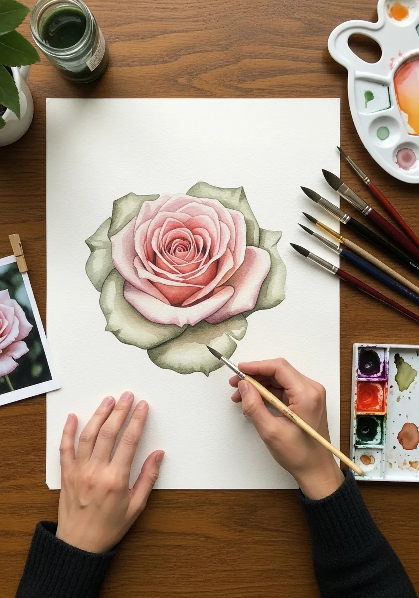 Vintage style watercolor rose in dusty pink with sage green leaves on wooden desk