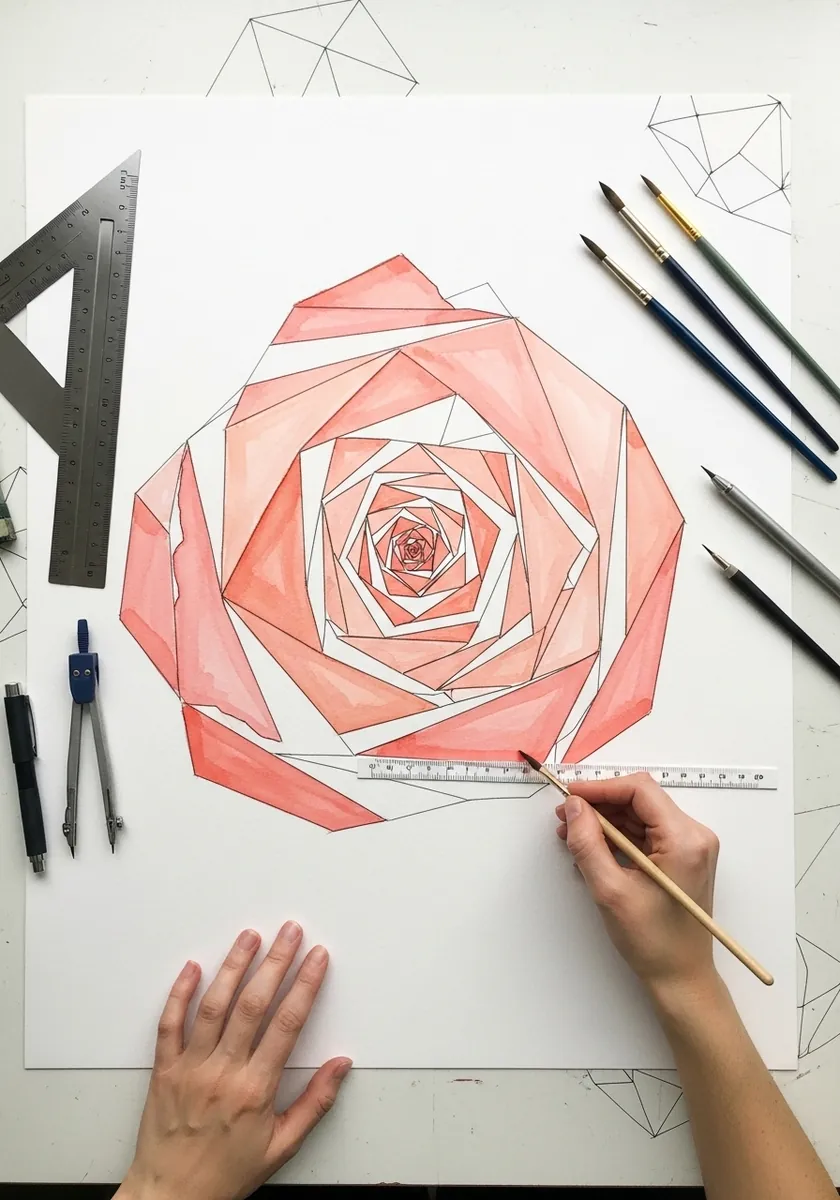 Low poly coral watercolor rose made of triangles drawn with a ruler and compass