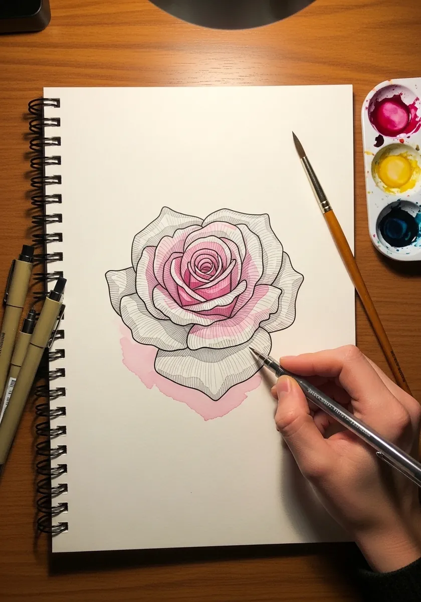 Rose drawn with fine ink hatching over a soft pink watercolor wash in a sketchbook