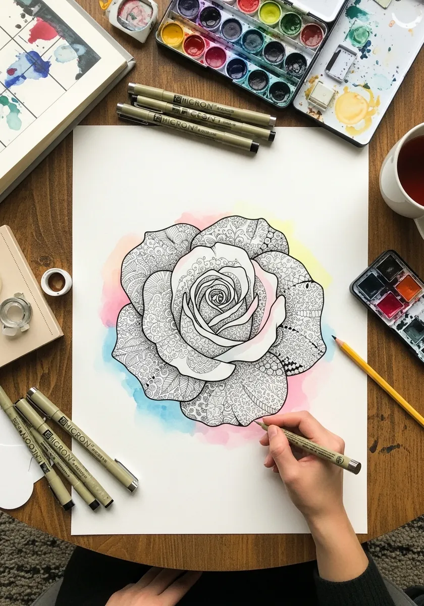 Zentangle patterned rose in black ink over a pastel rainbow watercolor wash