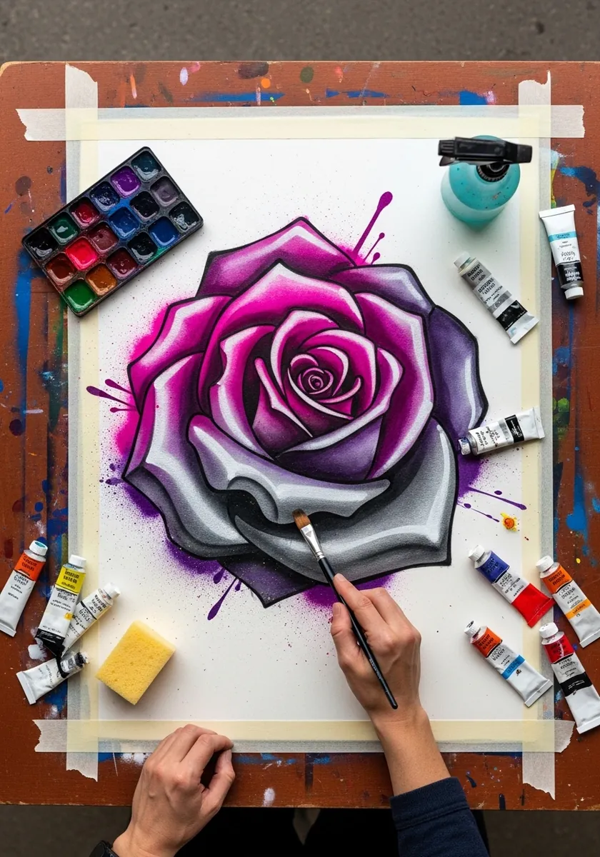 Graffiti style watercolor rose in purple and gray with spray splatter background