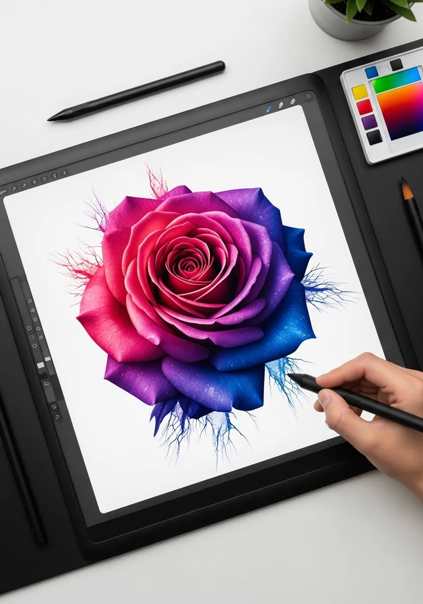 Digital watercolor style rose with pink to blue neon gradient on a drawing tablet