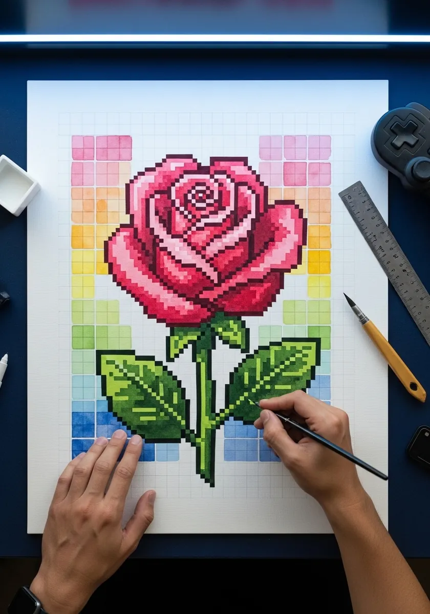 Pixel art watercolor rose painted square by square on grid paper in pink and green