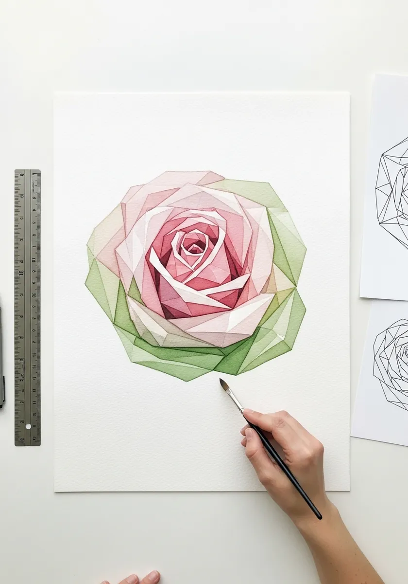 Overlapping translucent geometric watercolor rose in pink and sage green
