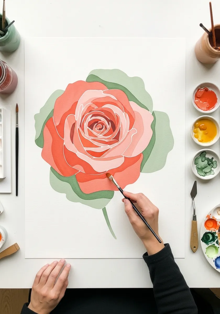 Flat matte coral and sage watercolor rose in paper cut collage style