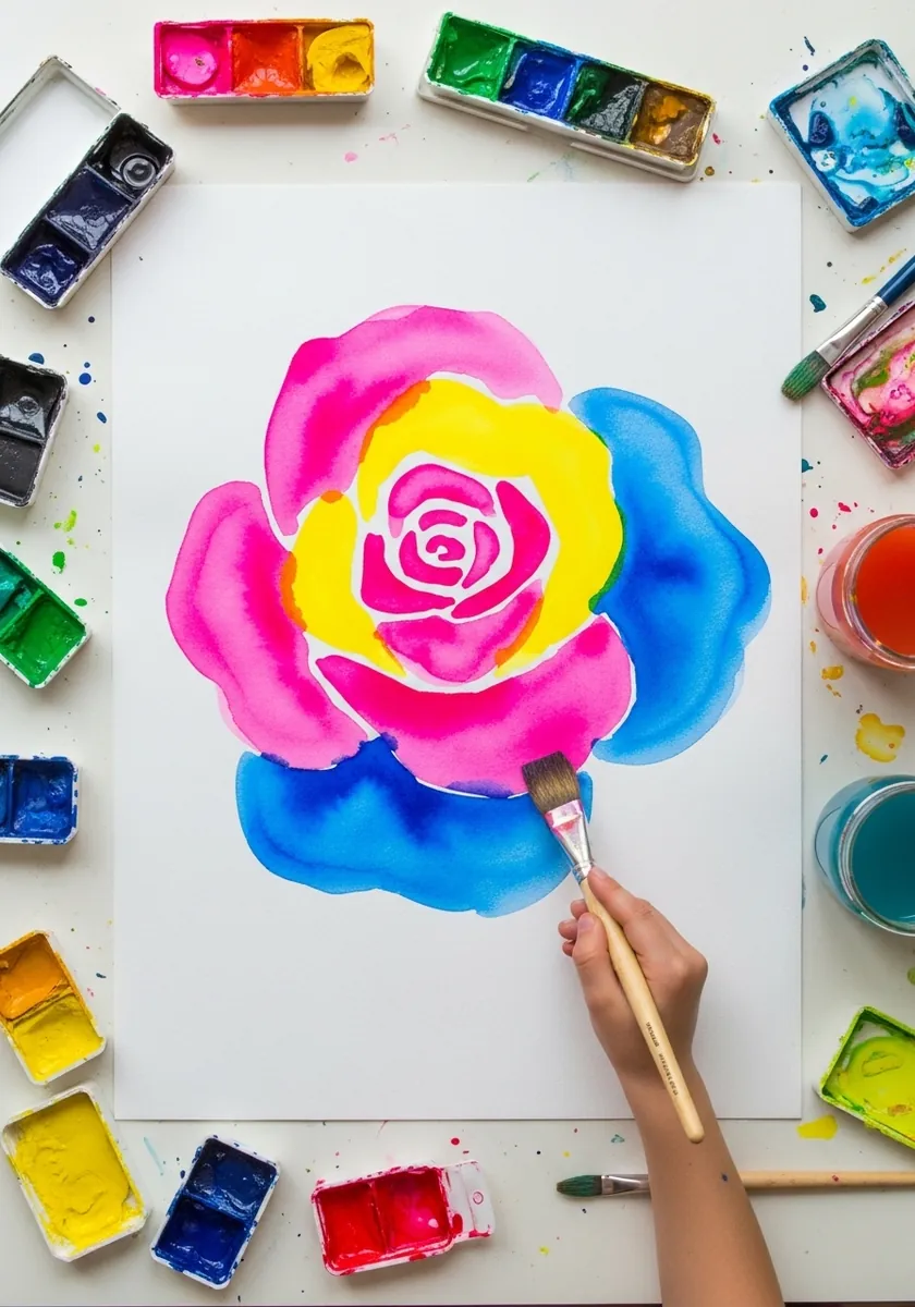 Bright neon pink yellow and blue abstract watercolor rose painted by a child