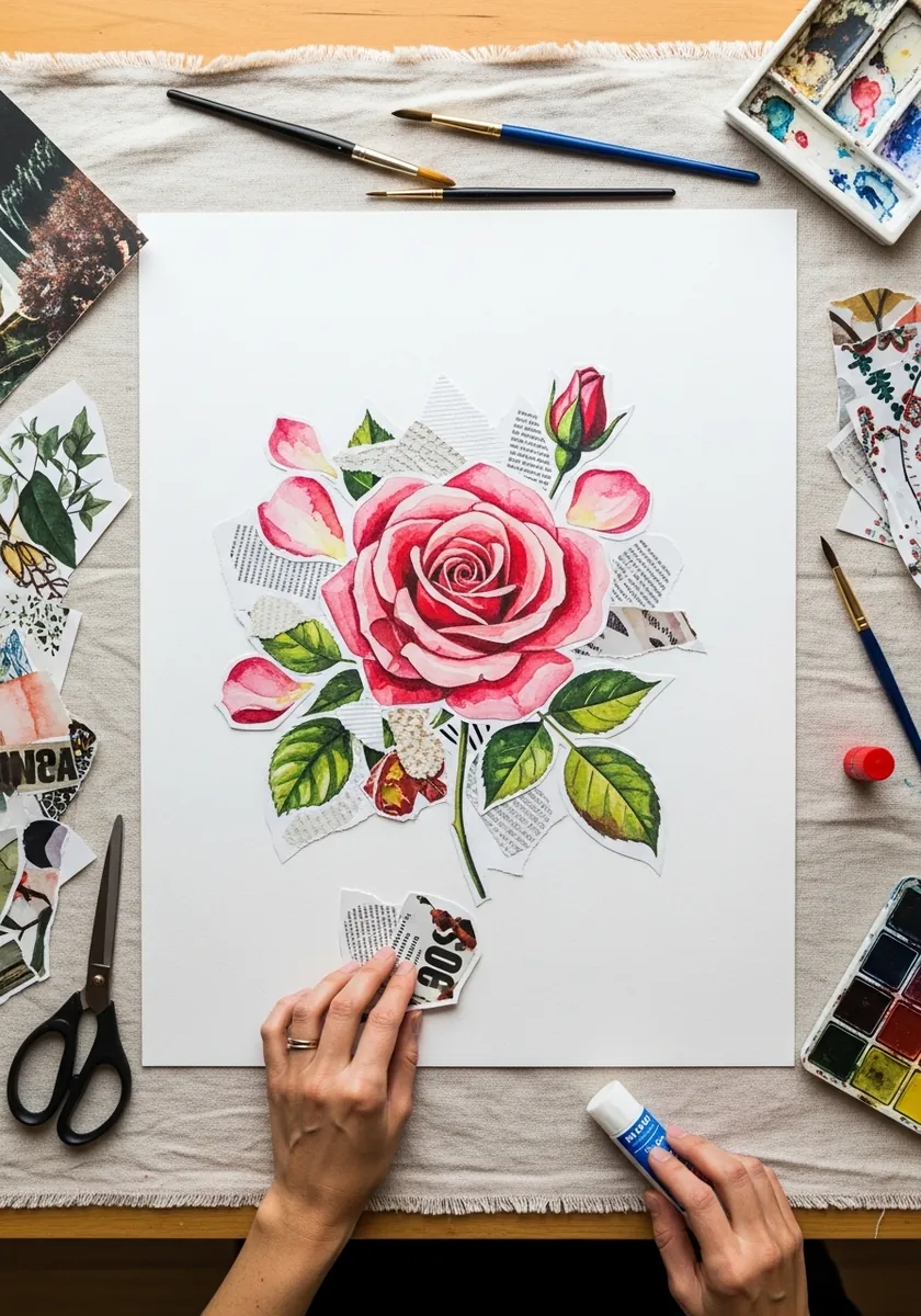 Mixed media watercolor rose collaged with newspaper clippings and green leaves