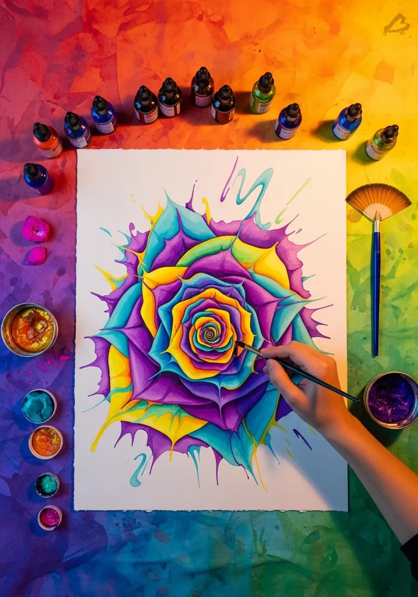 Psychedelic rainbow watercolor rose in turquoise purple and yellow with bold outlines