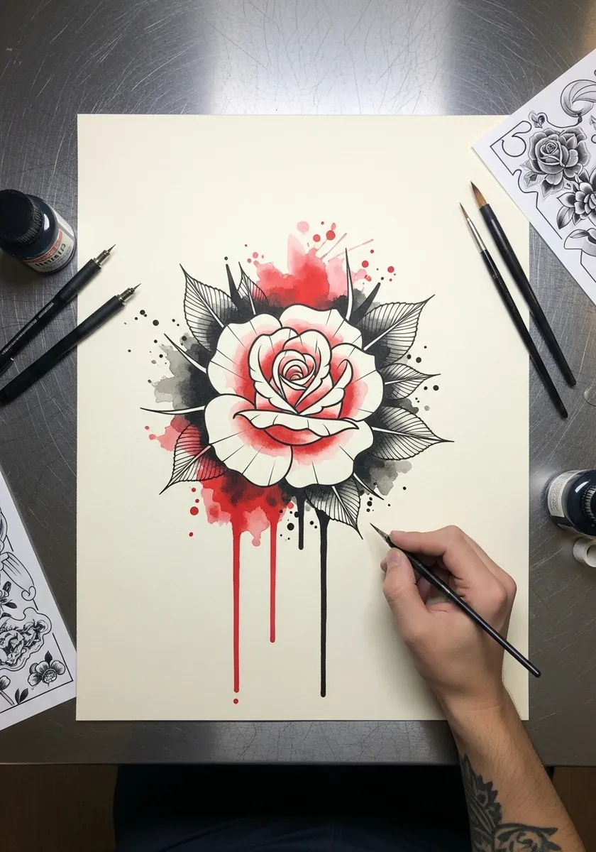 Neo traditional tattoo style watercolor rose in red and black with paint drips