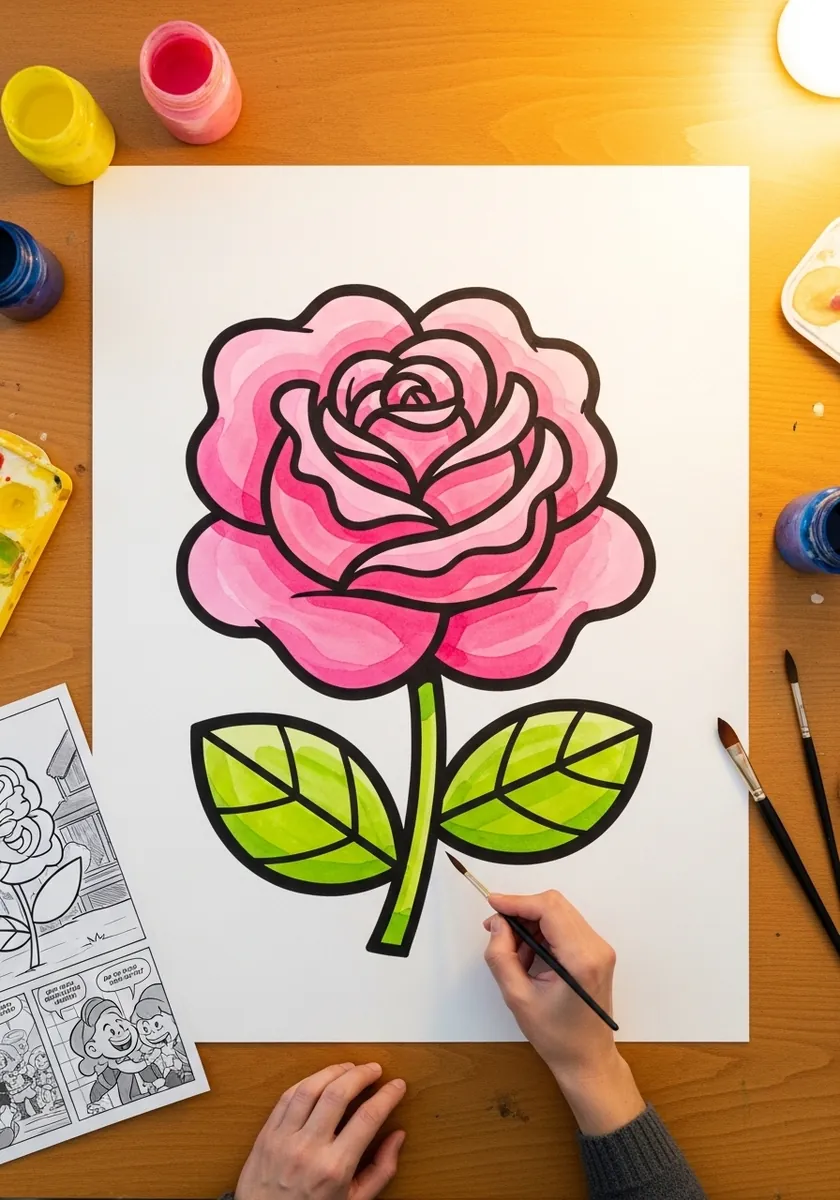 Cartoon watercolor rose in bright pink with heavy black outlines and green leaves