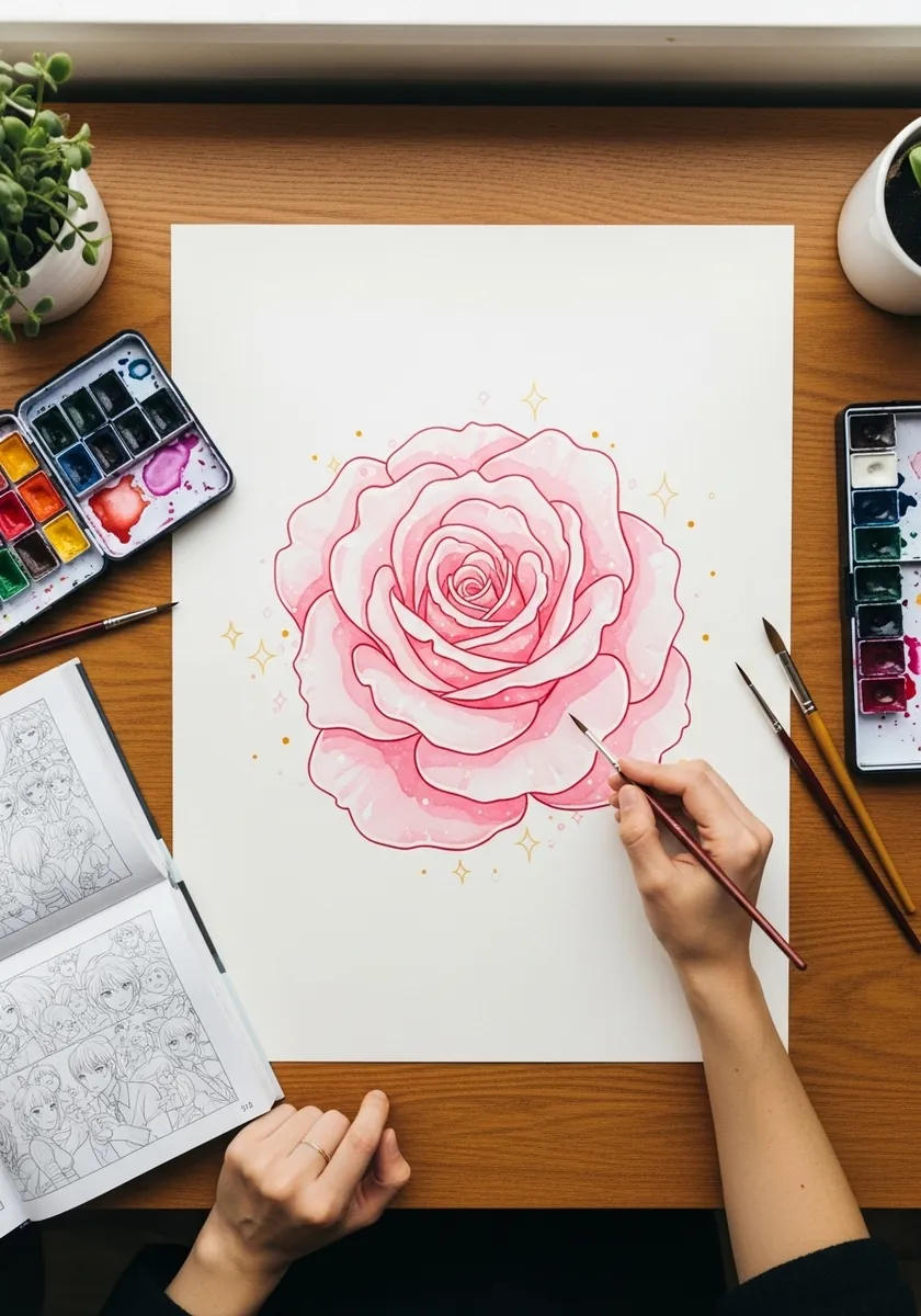 Kawaii style pale pink watercolor rose with sparkle accents and fine line work