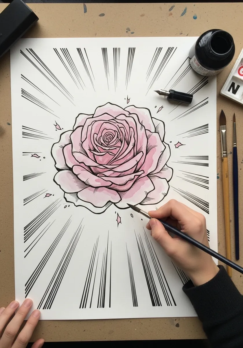 Watercolor rose with black manga speed lines radiating outward from the petals