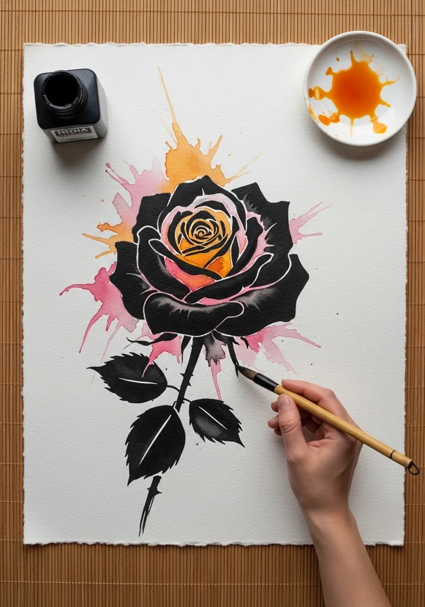 Solid black watercolor rose silhouette over an orange and pink paint splash