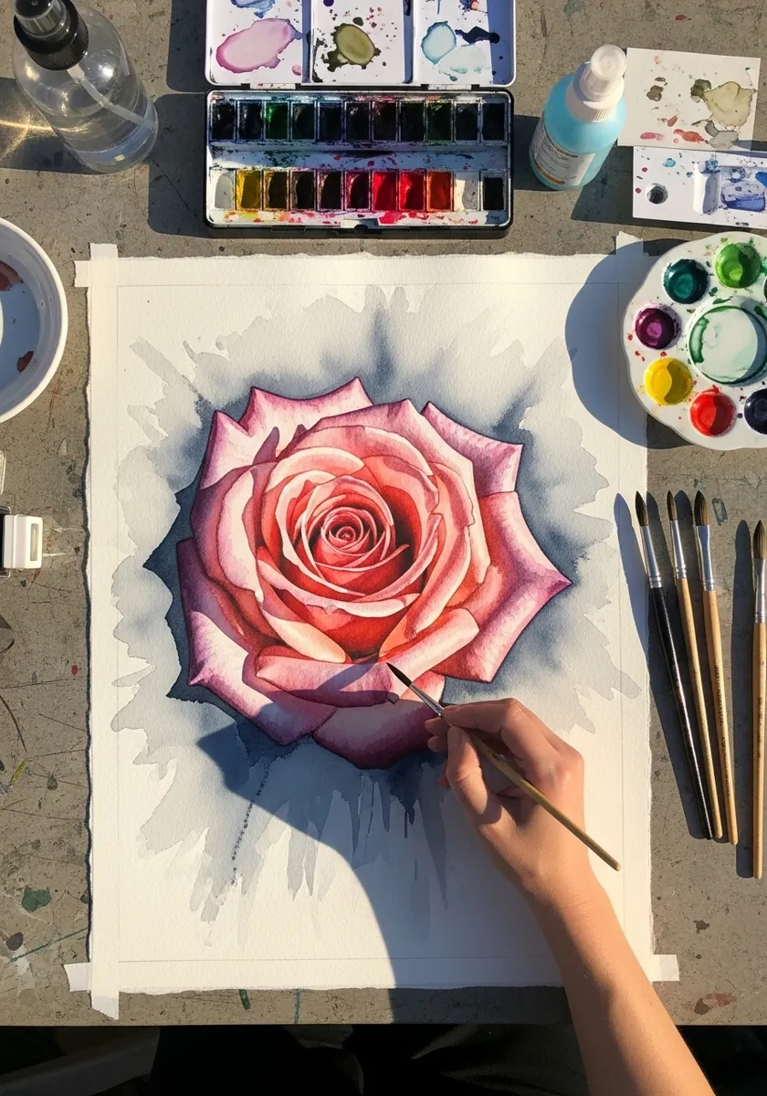 Realistic pink watercolor rose with a soft gray cast shadow on the paper