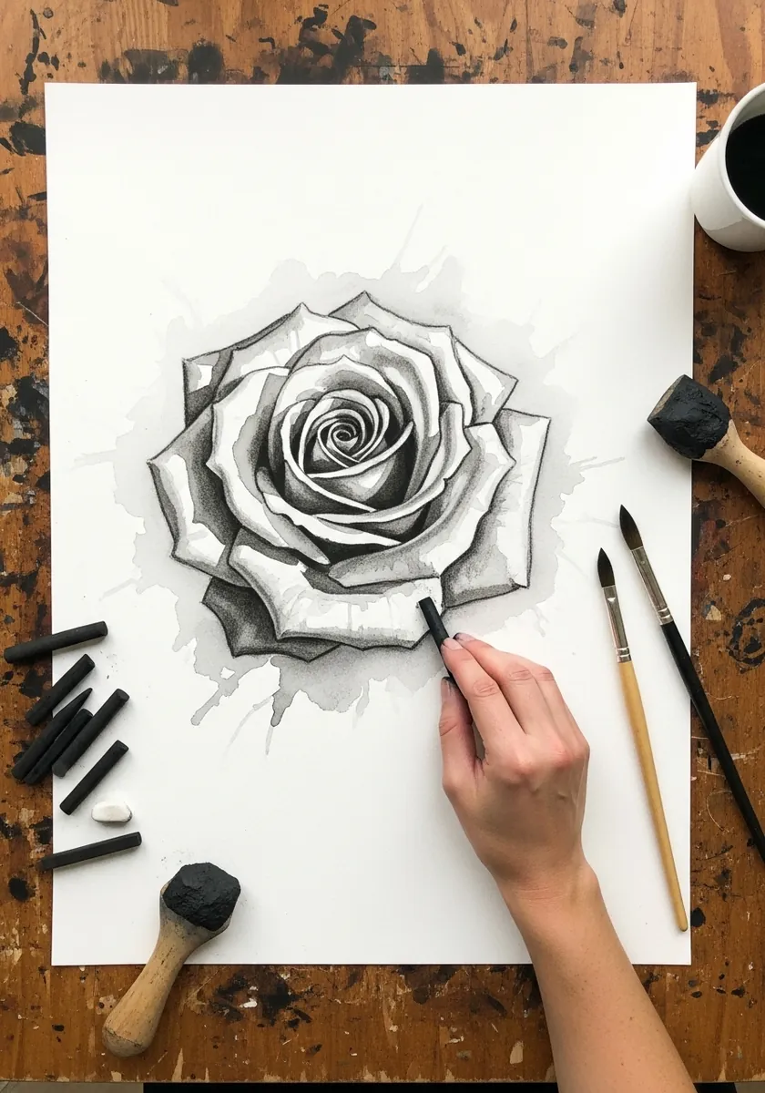 Monochrome charcoal and gray wash watercolor rose with soft graphite shading