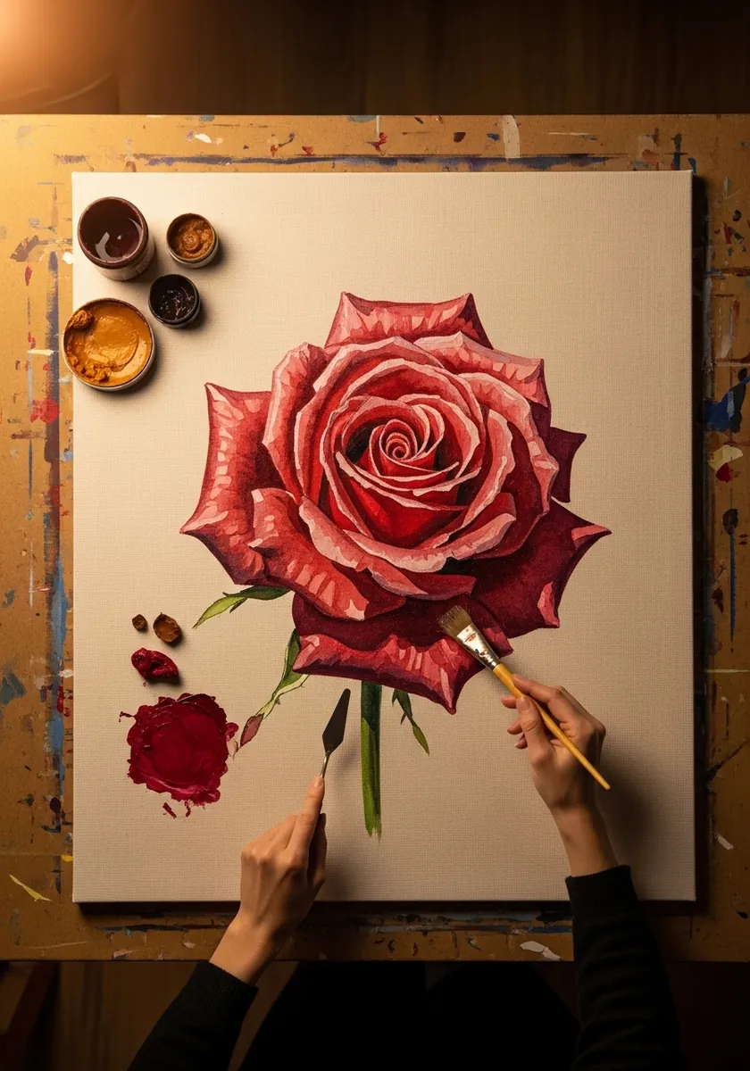 Deep red watercolor rose painted on canvas under warm studio lighting
