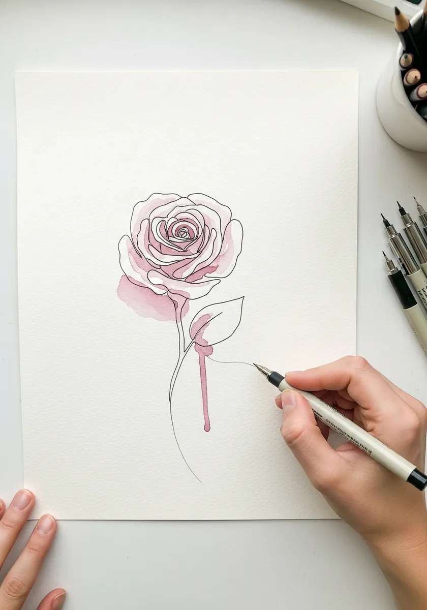 Minimalist single line rose drawing with a pale pink watercolor wash behind it