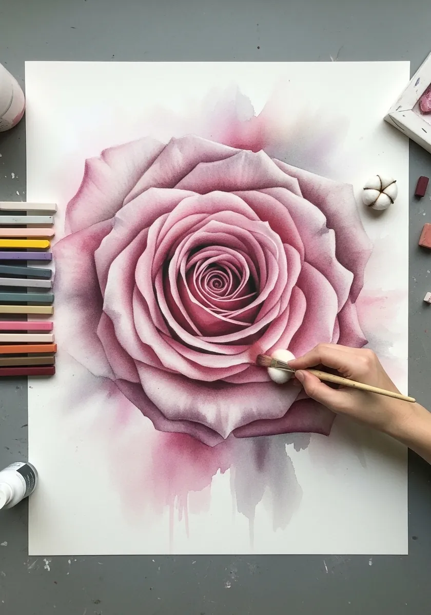 Extreme close up watercolor rose in soft dusty pink filling the whole page