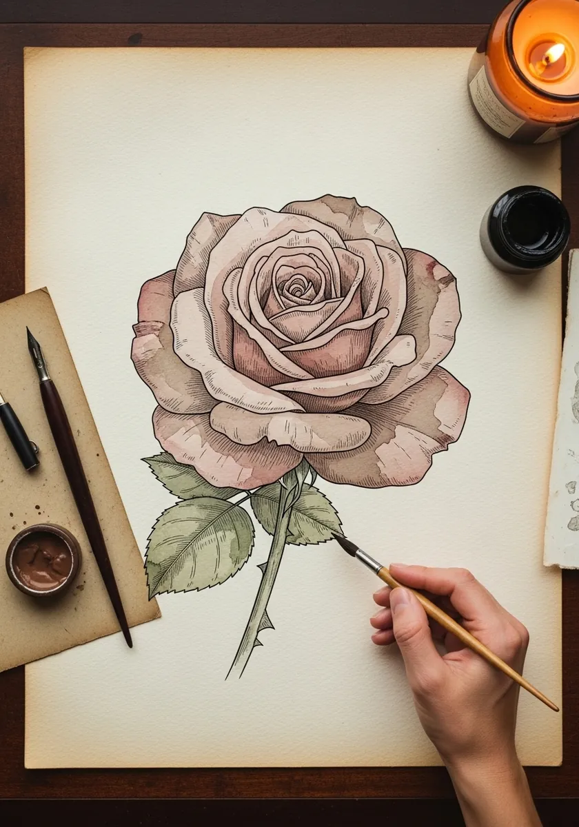 Antique style watercolor rose in muted mauve with fine ink lines and thorny stem