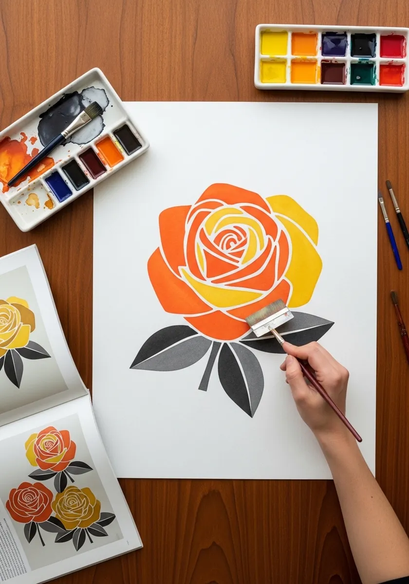Mid century modern watercolor rose in flat orange and yellow with gray leaves