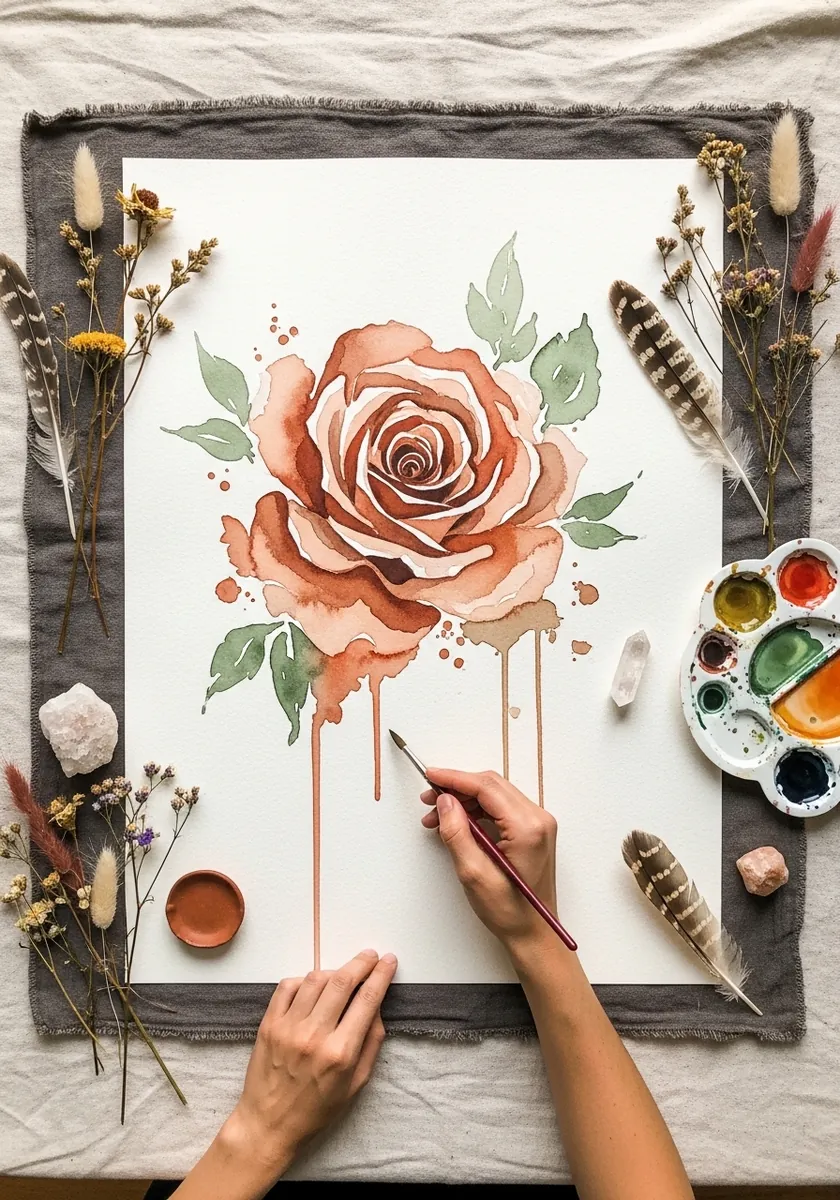 Terracotta watercolor rose with paint drips surrounded by dried flowers and feathers