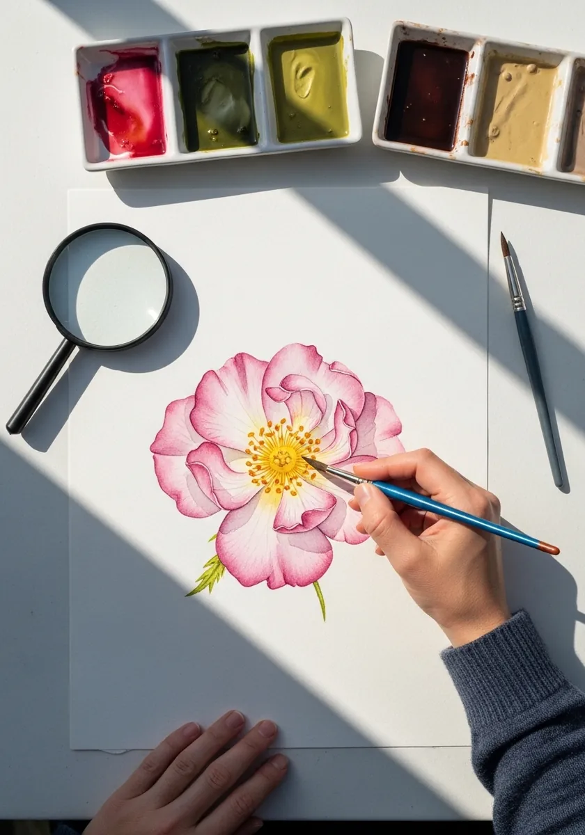 Botanical watercolor study of a five petal wild rose with a yellow stamen center