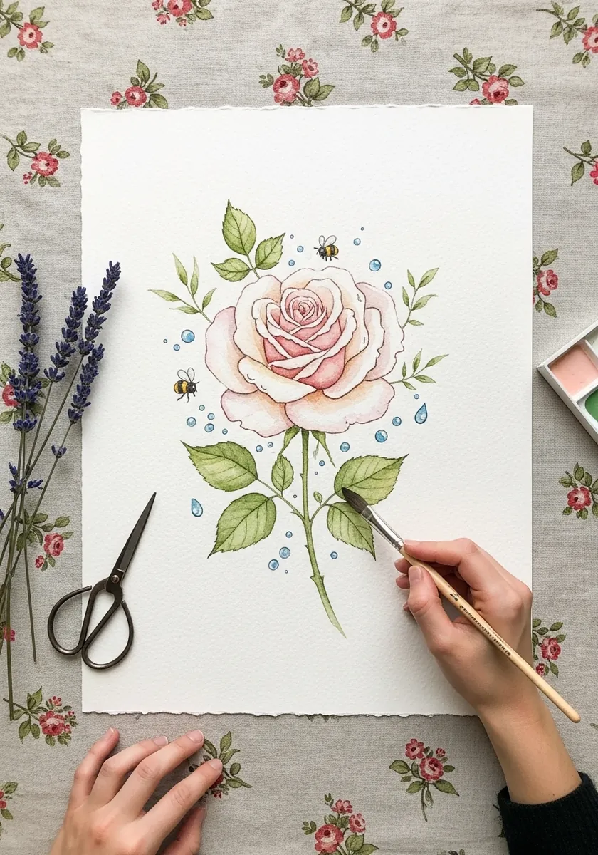 Blush watercolor rose with green vines and small bees on floral patterned fabric