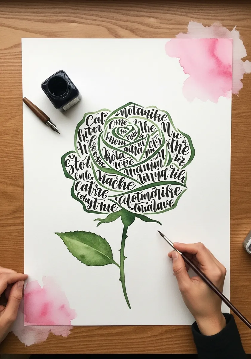 Watercolor rose formed entirely from green and pink hand lettered calligraphy