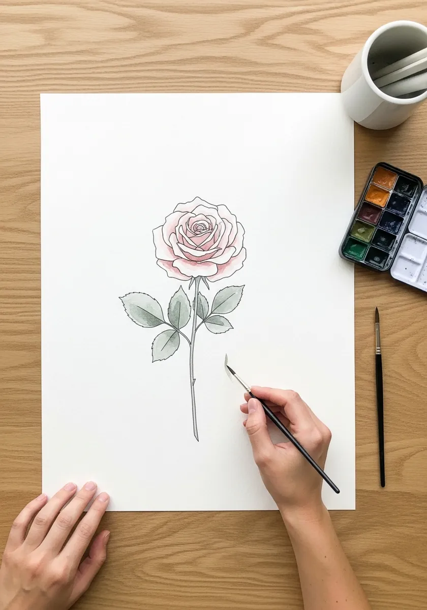 Very light pencil rose outline with a barely visible pale watercolor wash