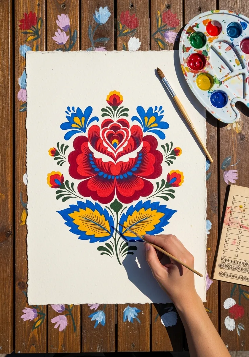 Folk art watercolor rose in red blue and yellow with symmetrical decorative leaves