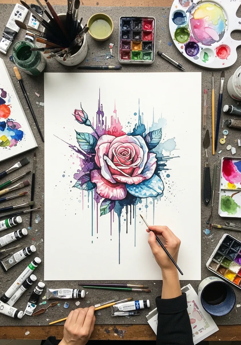 Loose urban sketch watercolor rose in pink and teal with drips and ink splatter