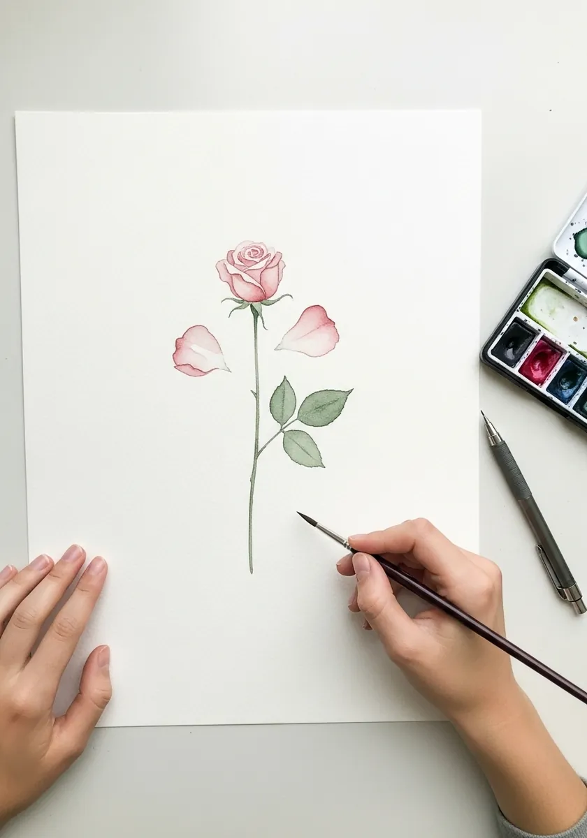 Small pale pink watercolor rose on a tall stem with two loose petals