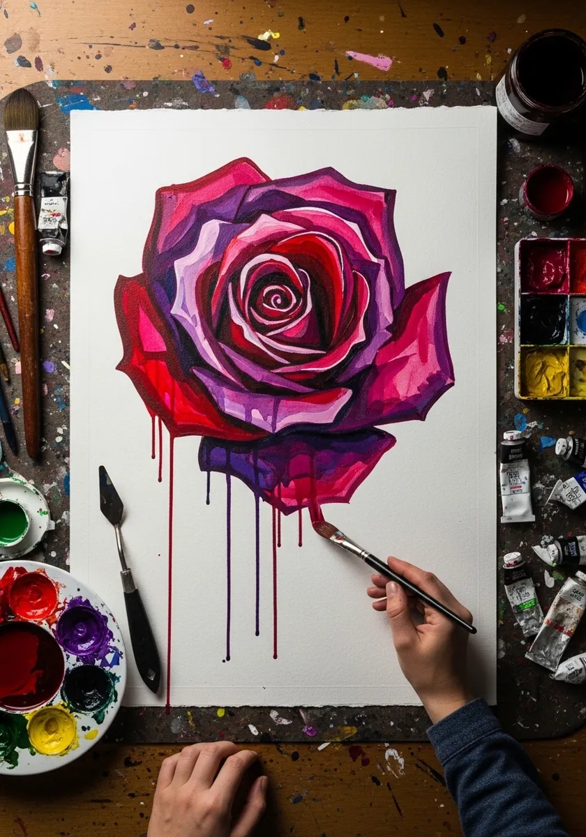 Bold crimson and magenta gouache rose with visible brushstrokes and paint drips