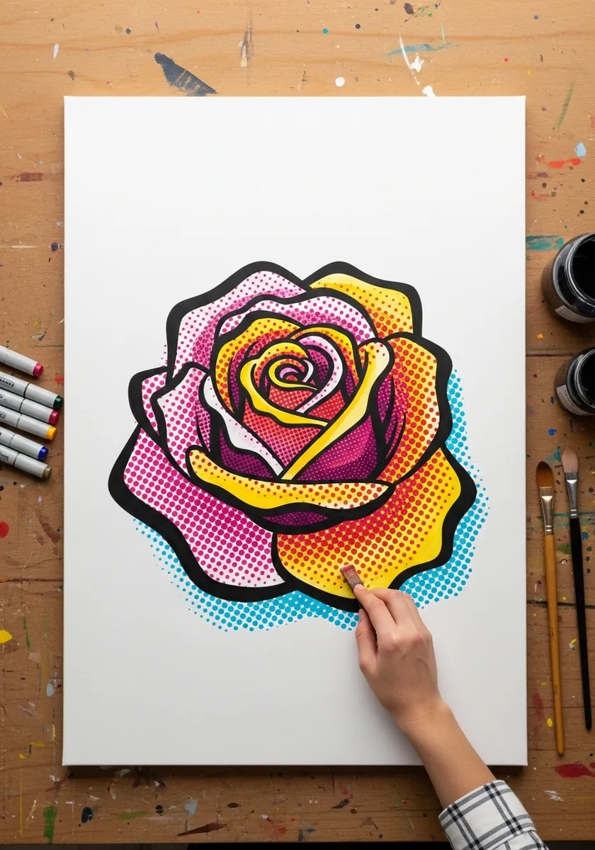 Pop art watercolor rose with halftone dots and heavy black comic outlines