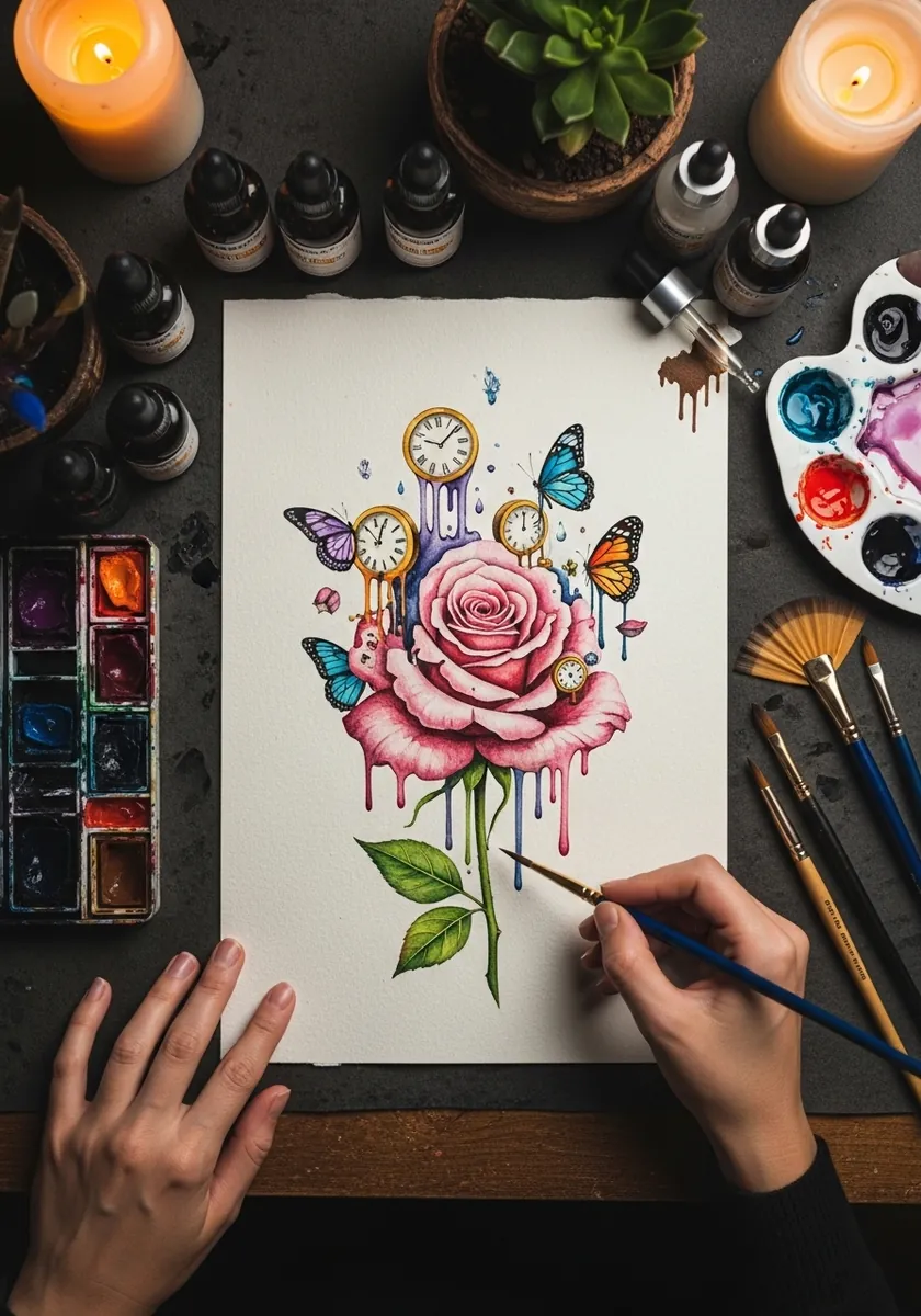 Surreal watercolor rose with dripping colors butterflies and pocket watches