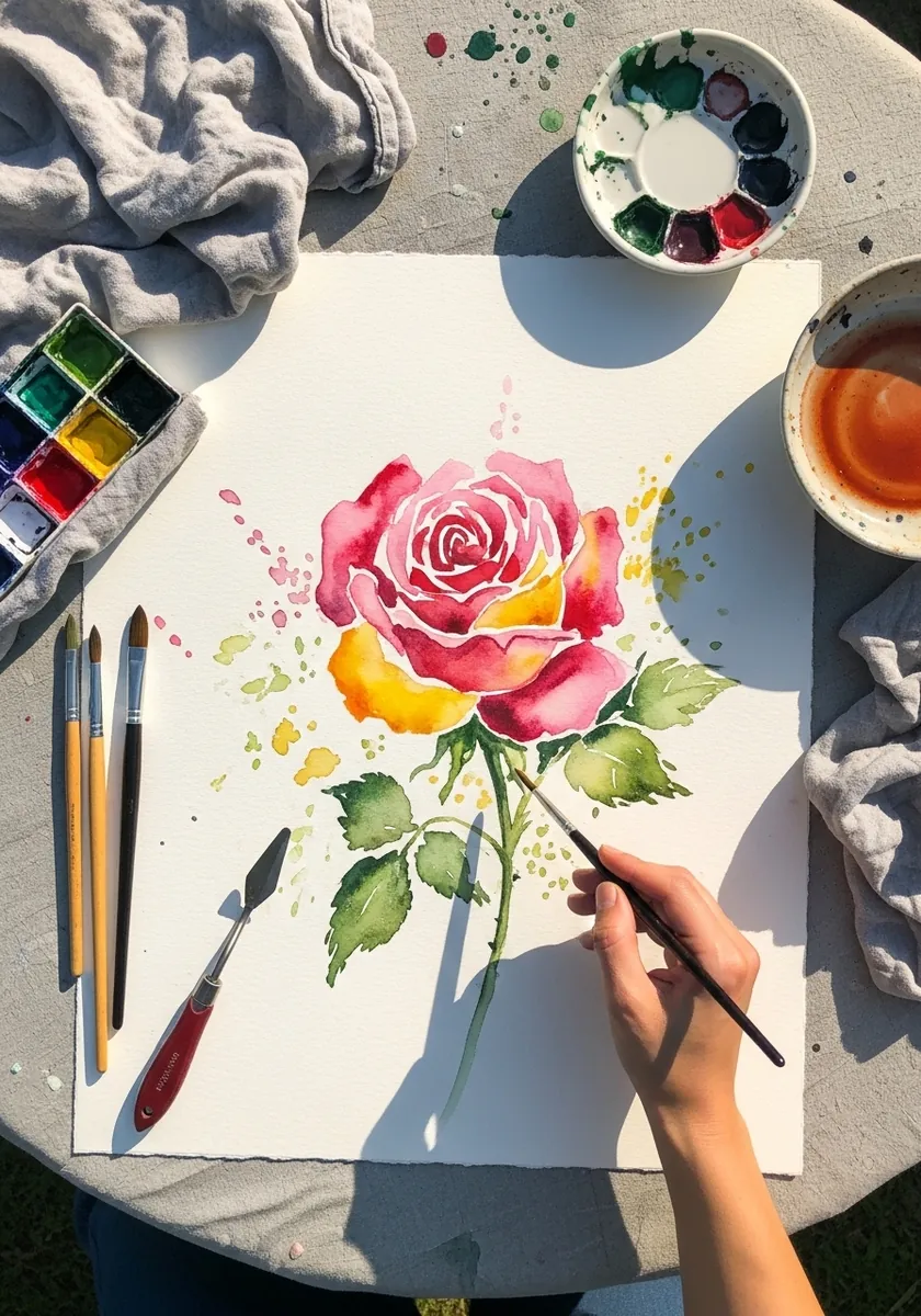 Loose watercolor rose in pink and orange with paint splatters around the petals