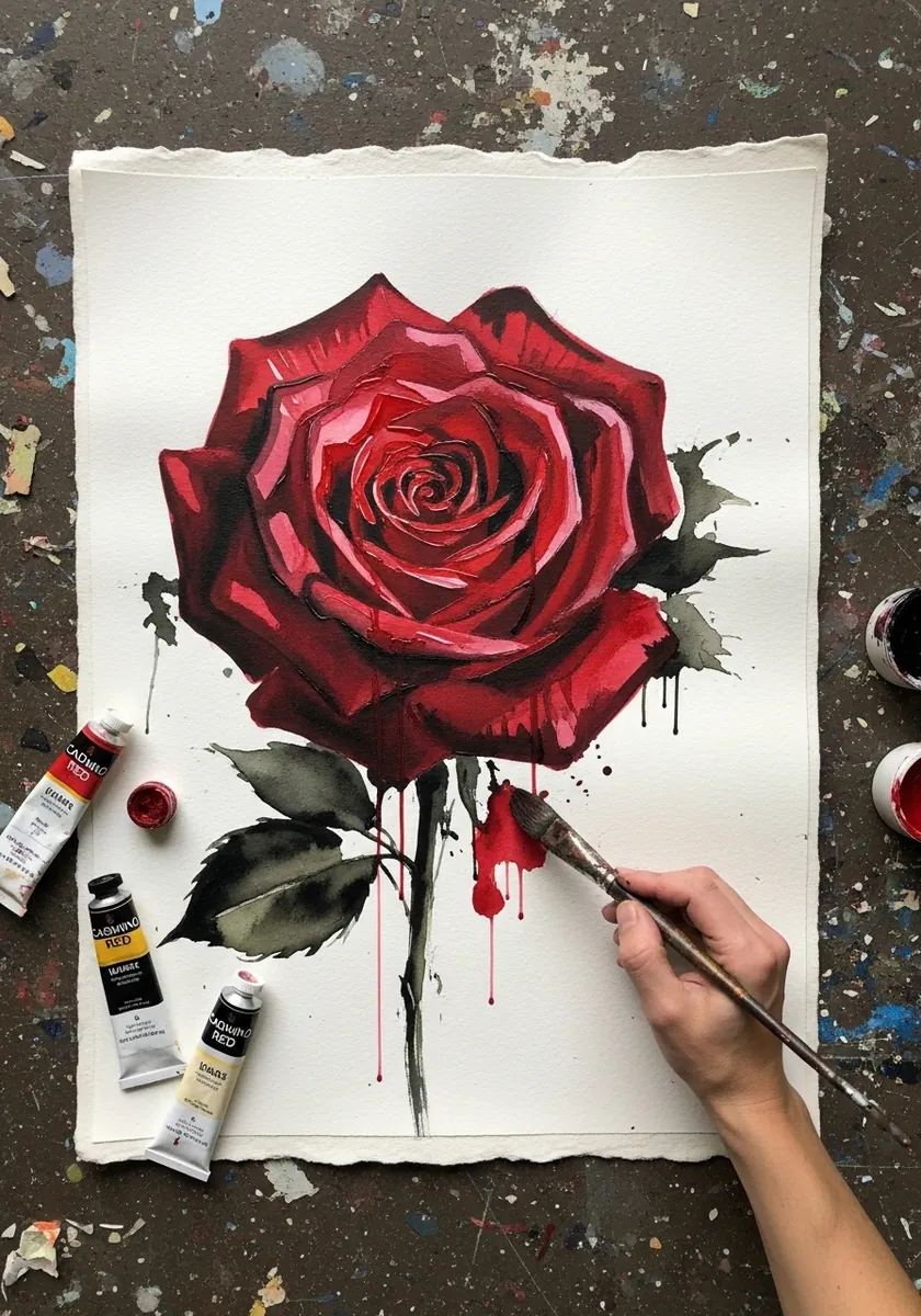 Deep crimson watercolor rose with red paint dripping down torn edged paper