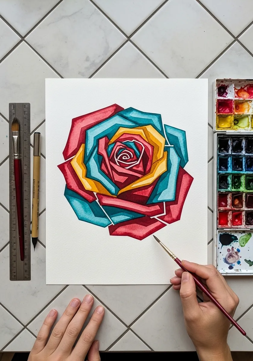 Geometric faceted watercolor rose in red teal and yellow angular shapes
