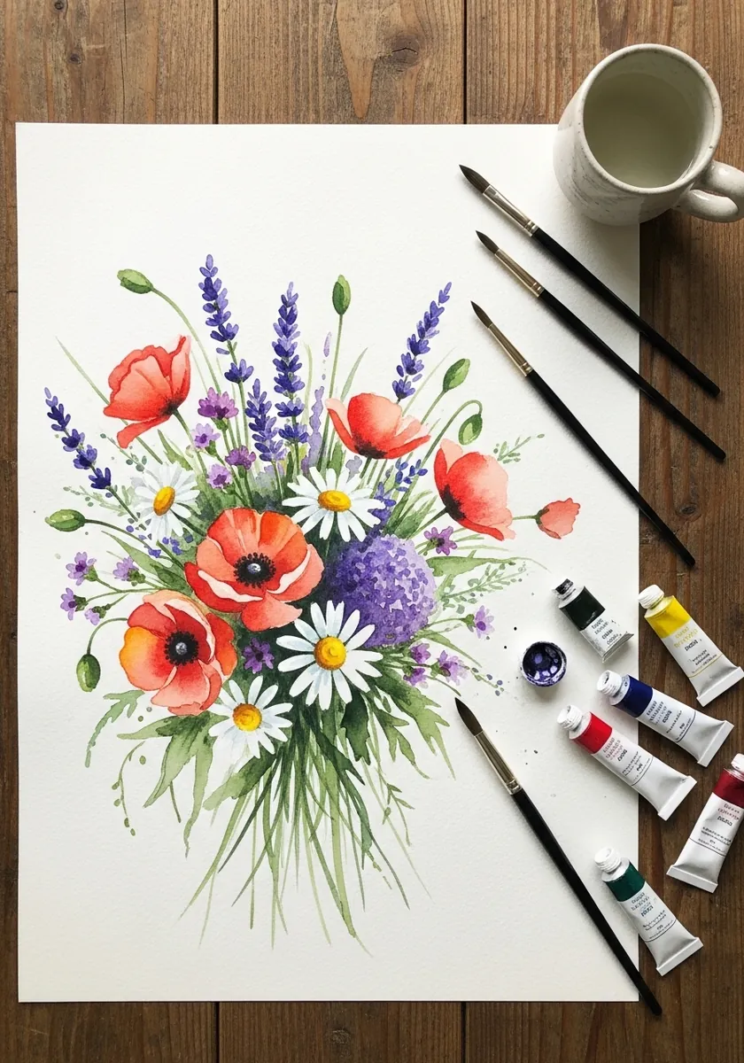 Watercolor bouquet of red poppies, white daisies and purple lavender on white paper