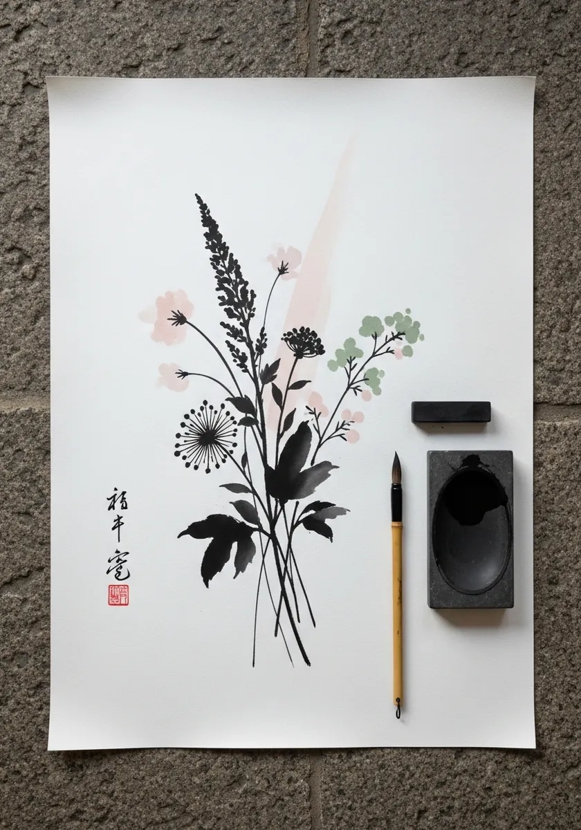 Minimal black brush bouquet with a pale pink wash and a small red seal